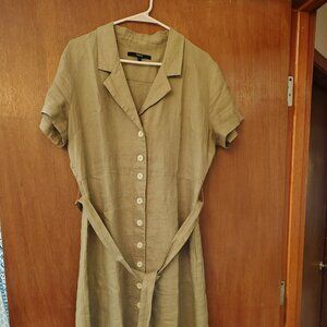 Quince (Size L) Sage Green Linen Button Down Front Slip Pockets Belted Dress